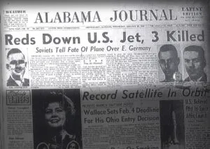 The cover of a newspaper reporting on the downing of the USAF jet on January 28, 1964. Photo by USAF, Public Domain