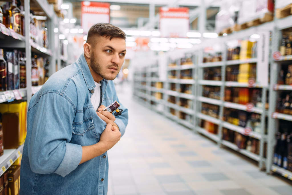 Shoplifting Law - Man hides a bottle of alcohol