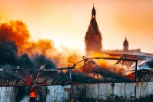 Fire with church tower in the background, high temperature