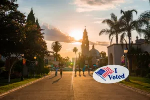 San Diego's Balboa Park at twilight in San Diego California USA and I Voted Sticker