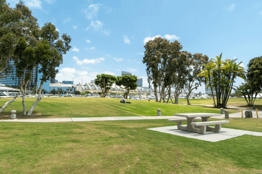 Waterfront public park with benches at the Emarcadero Marina Park South, San Diego Downtown. California, USA